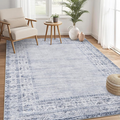 Washable Vintage Border Rug Non-Slip Low Pile Stain-Resistant Boho Throw Carpet for Kitchen Hallway Living Room Bedroom Taupe/Brown.