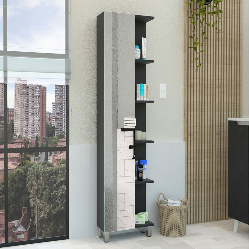 Armoire à linge en miroir, quatre tablettes intérieures, cinq tablettes extérieures, Noir