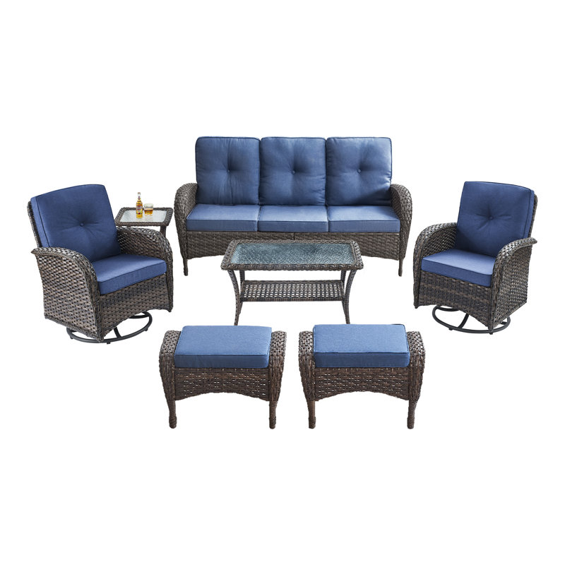 Aristil 5-Person PE Wicker Outdoor Patio Conversation Set With Swivel Glider Chair And Cushions, Blue
