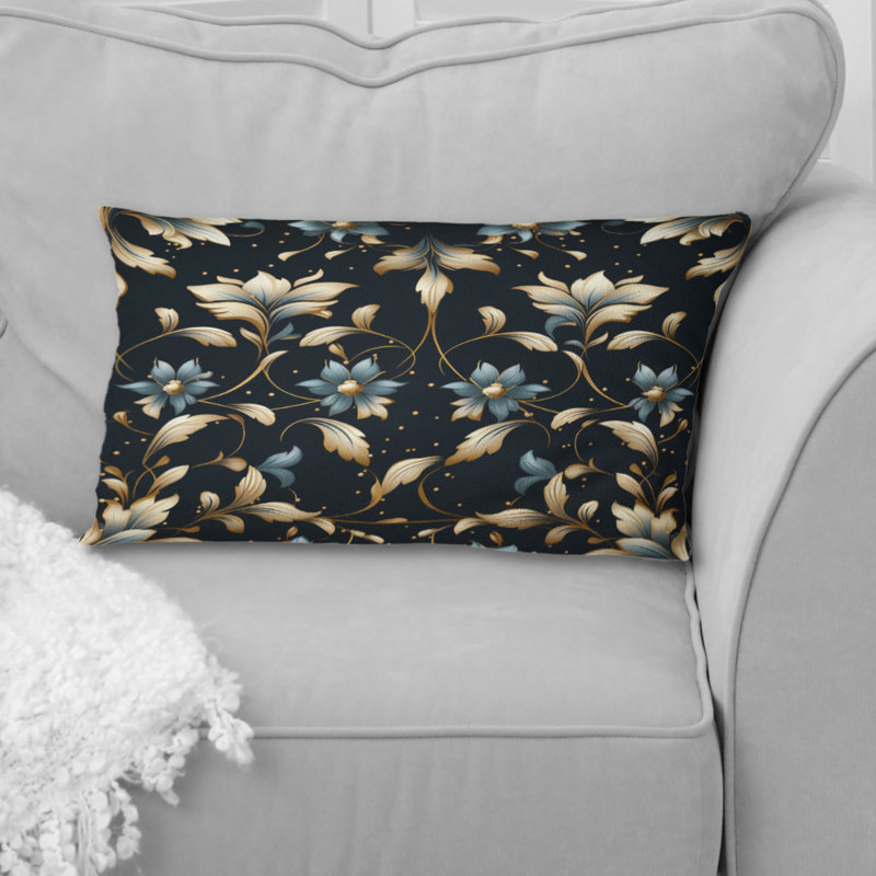 Oreiller floral en polyester bleu et doré