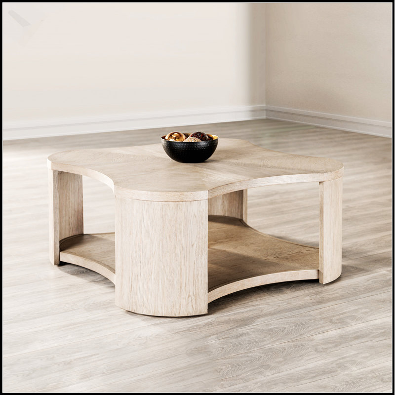 Table basse de style moderne avec rangement ouvert, roulettes attachées, structure en bois d'hévéa et finition chêne pour une utilisation polyvalente