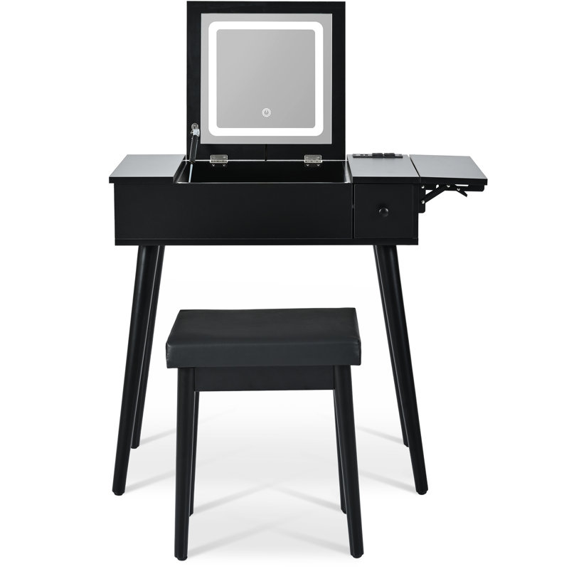 27.9'' Black Dressing Table With Flip Top Mirror, Led Lights, Charging Station, 2 Drawers And Panel, Vanity Stool Makeup Desk , Drawers, Panel For Bedroom,