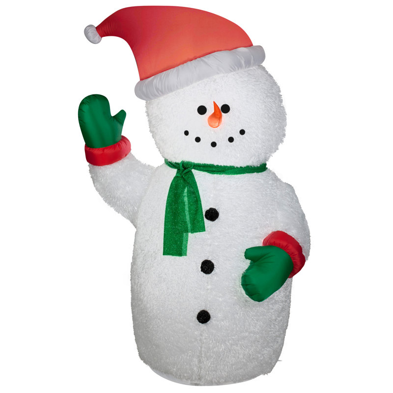 6 ft White Fuzzy Plush Inflatable Snowman with Santa Hat