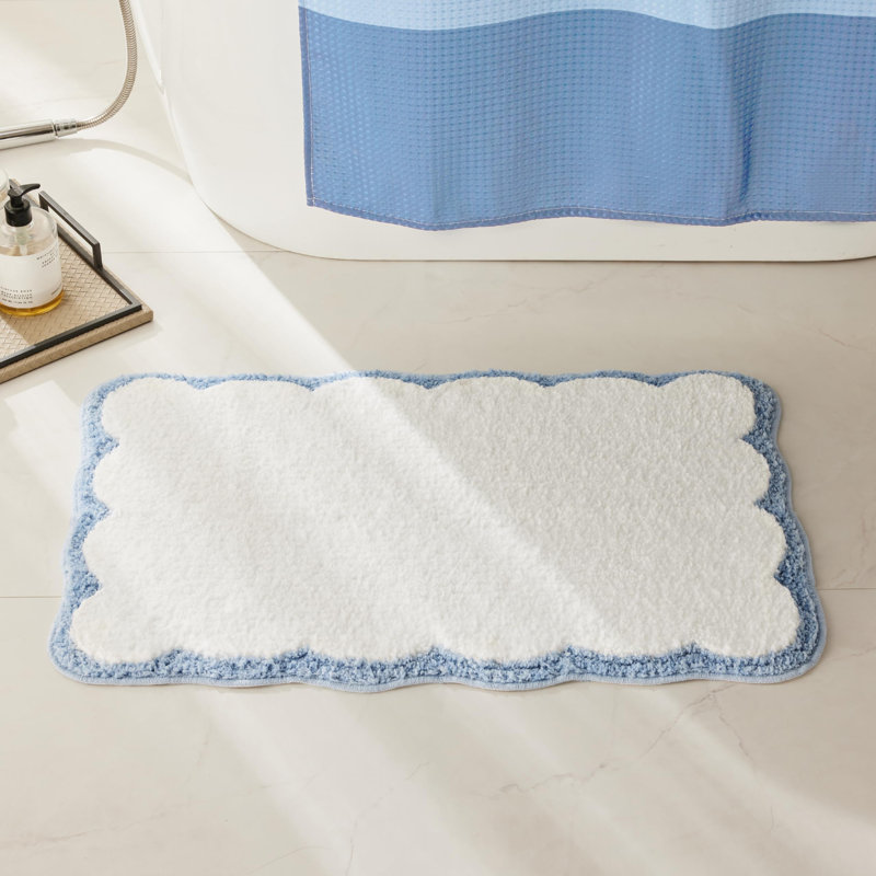 Tapis de bain blanc avec passepoil festonné rose, Blue