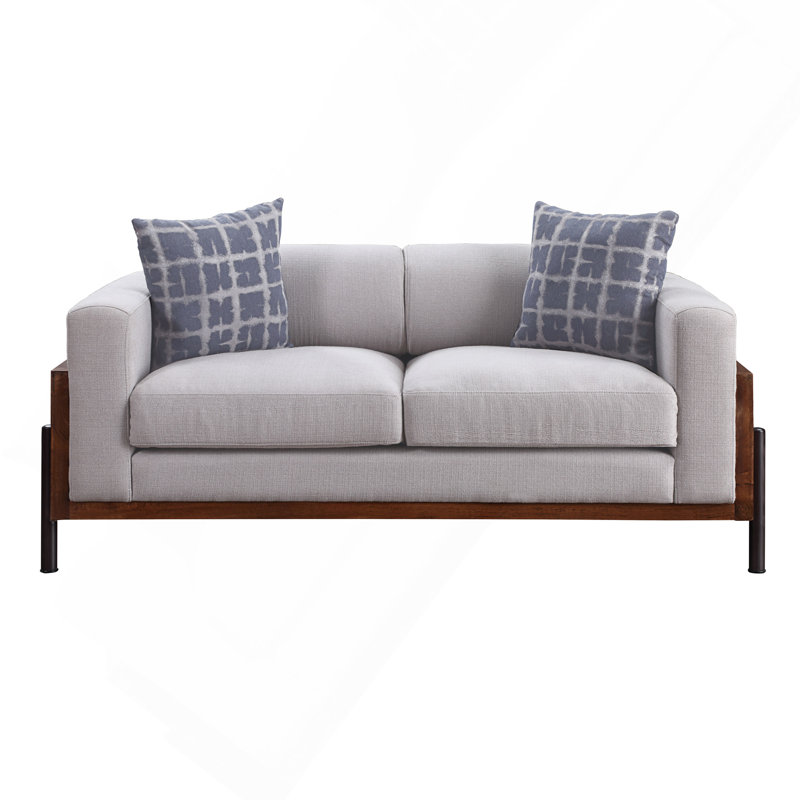 Causeuse en tissu et finition noyer avec 2 coussins décoratifs
