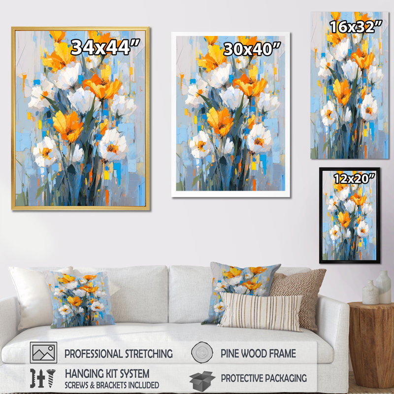 «Blue and Yellow Tulip Strip Expression», reproduction d'art sur tulipes, H 32 po x l 16 po, Cadre simple noir