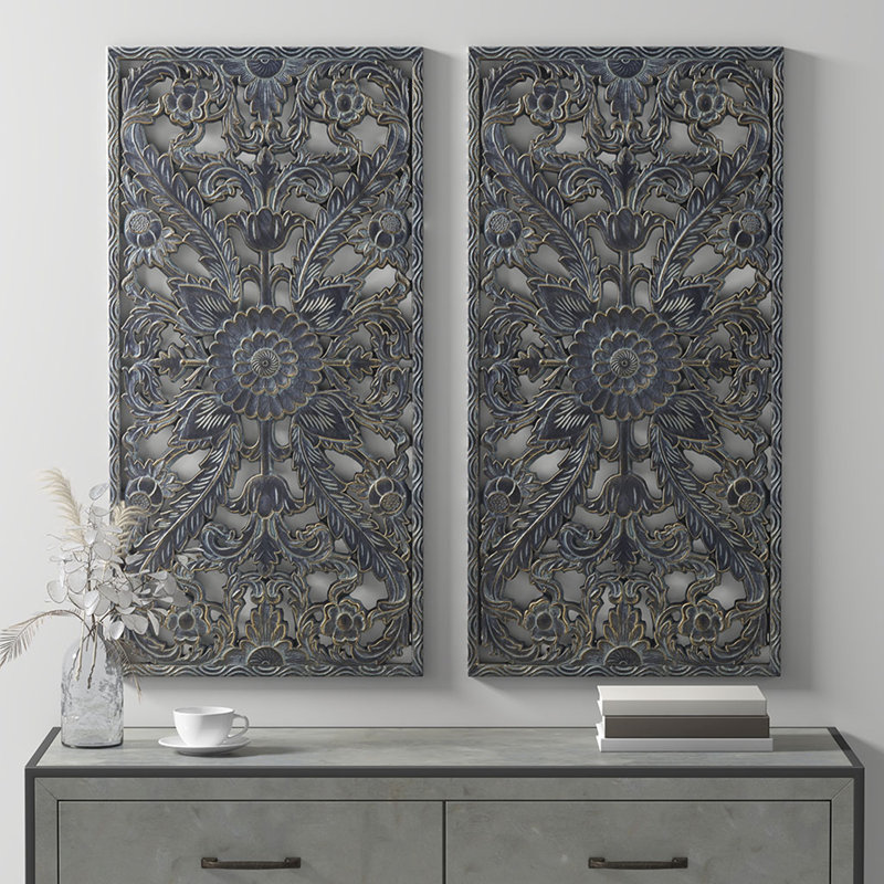 Ensemble de 2 décorations murales en bois sculpté vieilli, Bleu antique