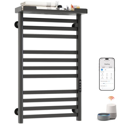 MASO Smart Heated Towel Rack, 290W Wall-Mounted Electric Towel Warmer with Shelf, 8-Bar, Wi-Fi App Control, 1-24H Timer, 115℉-155℉, Low Carbon Steel, IPX5, Plug-in/Hardwired, Gray