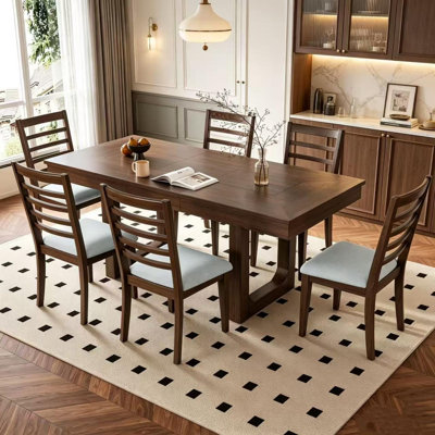 Extendable Farmhouse Dining Set | 78" Wooden Table with 18" Leaf + 6 Upholstered Chairs, 7-Piece