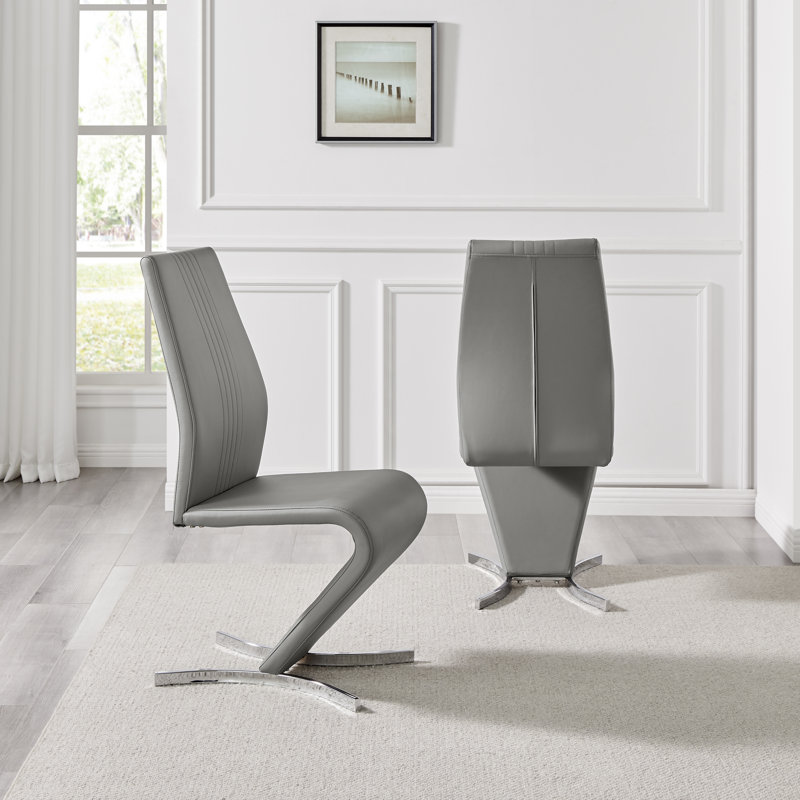 Edzard Double Pedestal High Gloss Dining Table Set with 6 Modern Faux Leather Dining Chairs, Elephant Grey