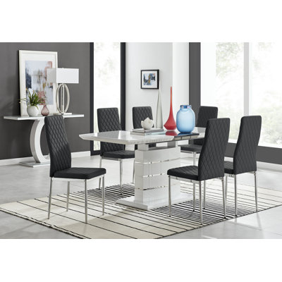 Everson High Gloss 6 Seat Extendable Dining Set with Luxury Faux Leather Upholstered Dining Chairs