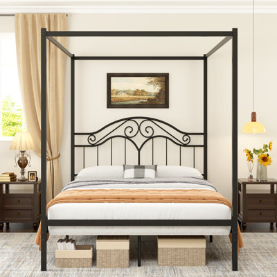 Vintage Black Queen Canopy Bed Frame, Heavy Duty Metal Canopy Bed Frame