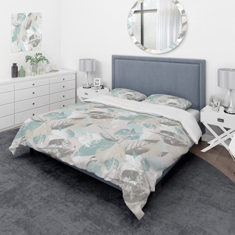 Fleurs et feuilles pastel grises et bleues - Ensemble de housse de couette bohémienne - Polyester en microfibre