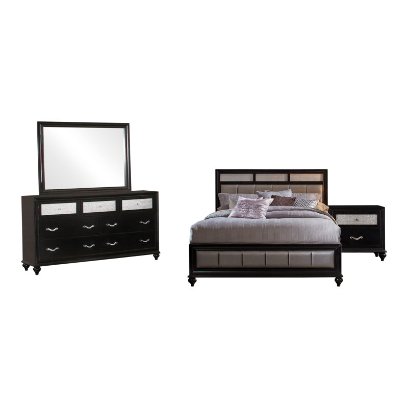 Ensemble de chambre à coucher, Très grand lit Eastern, Noir/gris, Ensemble de 4 pièces : lit, table de chevet, comm