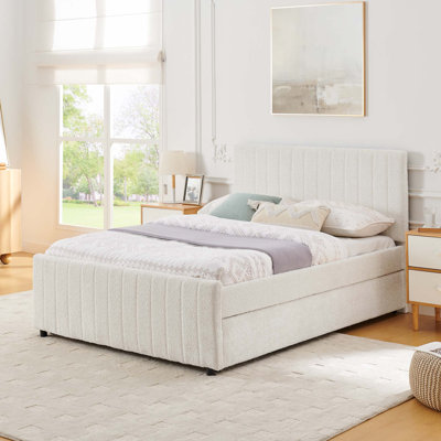Vertical Striped Space Saving Upholstered Pull-out Bed with High Padded Back, Hidden Trundle Guest Bed