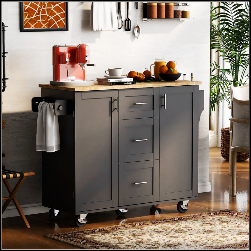 Îlot de cuisine roulant avec rangement et plateau en bois d'hévéa, parfait pour les cuisines modernes et une organisation améliorée