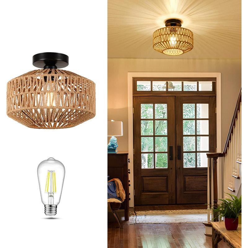 Boho Light Fixtures Ceiling Mount Mini Rattan Chandelier Light Fixture With Dimmable LED Bulb Hand Woven Ceiling Light Fixtures Flush Mount