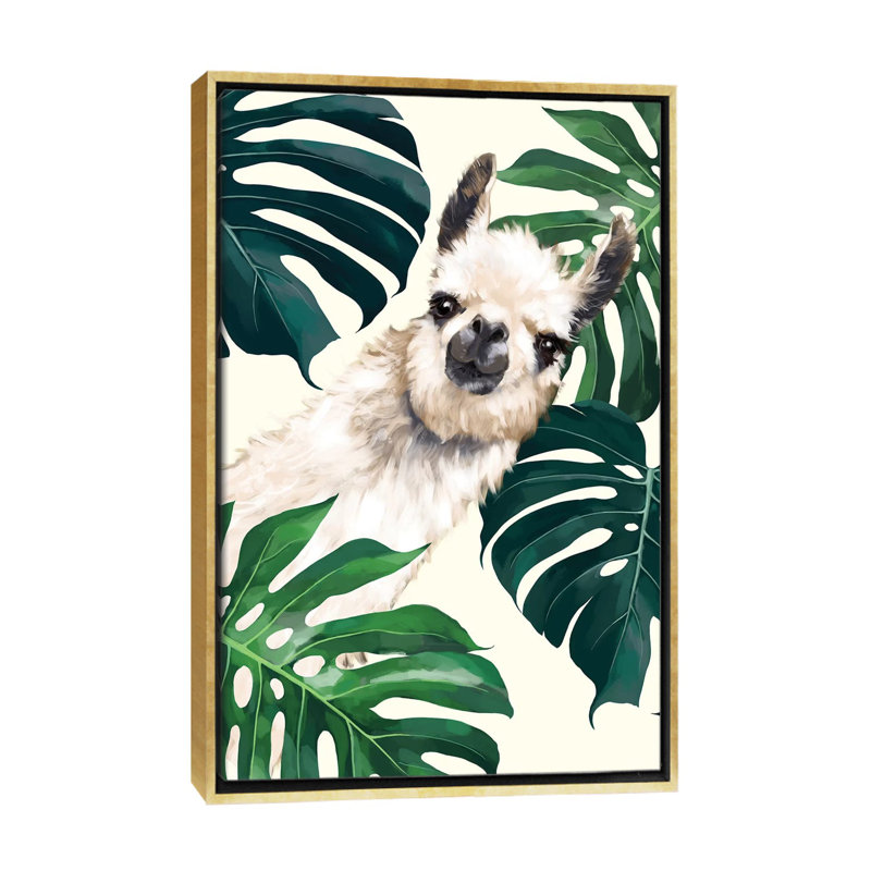 Lama sournois avec art Monstera, H 40 po x l 26 po x P 1,5 po, Toile encadrée d'or
