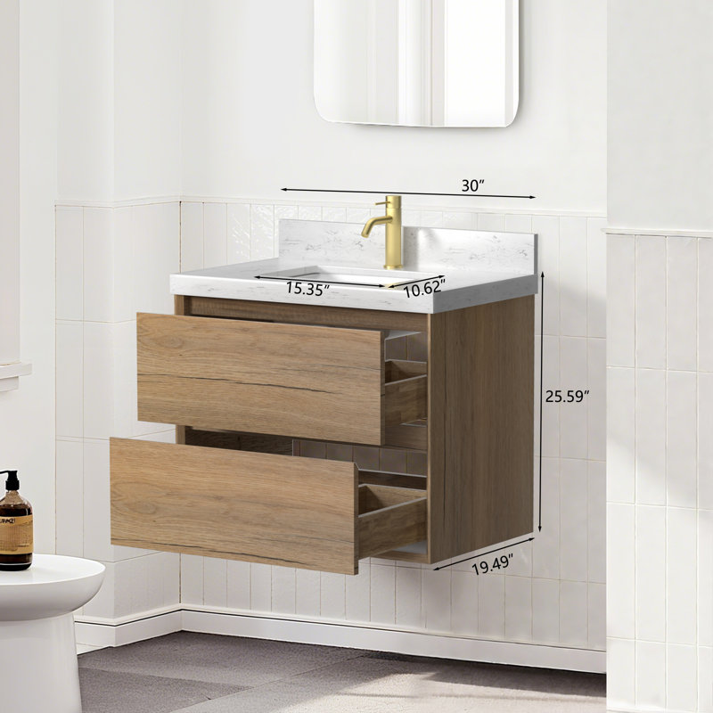 Tiberiu Floating Bathroom Vanity With Sink, 30", Natural Oak