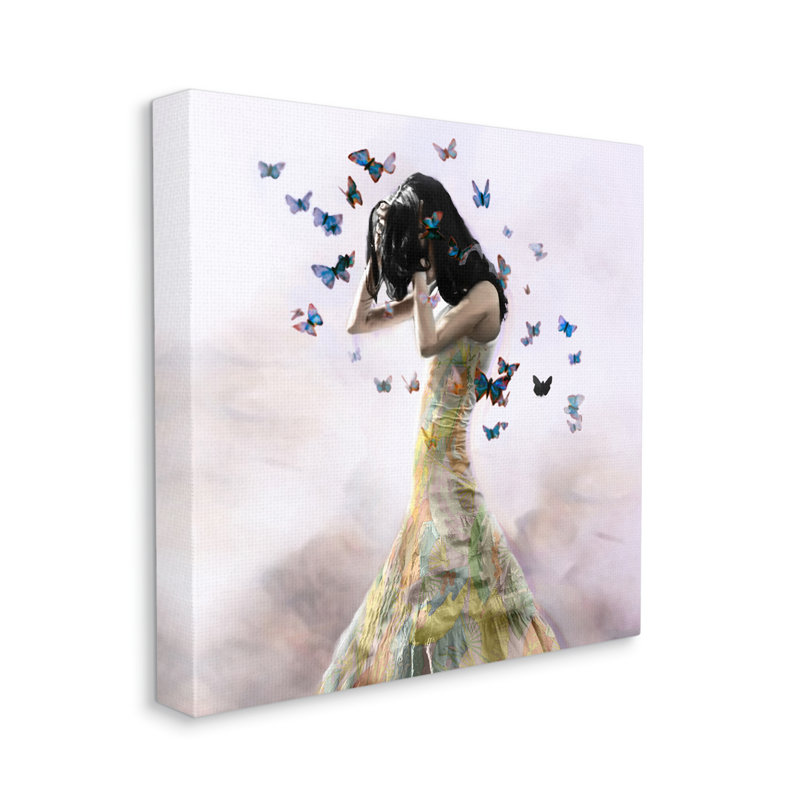 Ethereal Woman in Yellow Gown with Flying Blue Butterflies Canvas Art