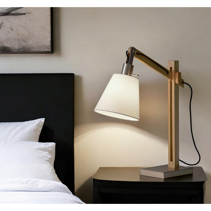 Lampe de table à hauteur réglable en bois naturel de 25 po avec abat-jour blanc Hoffmann