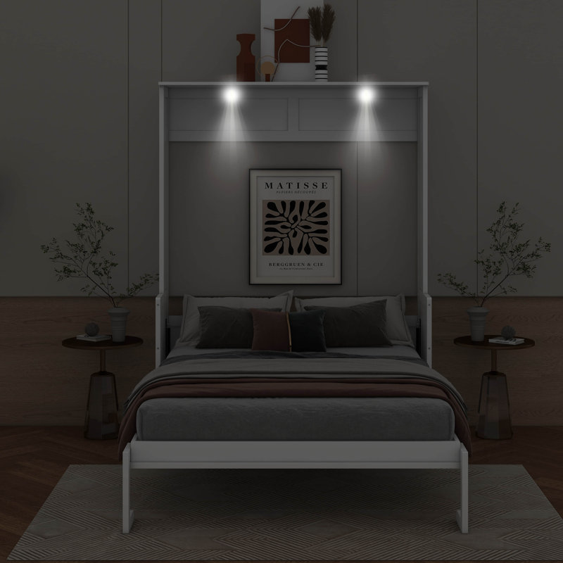Grand lit escamotable en bois avec lumières DEL et station de charge USB, Blanc