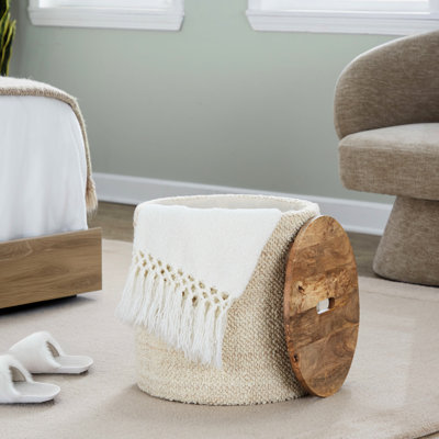 Rangement beige en laine et bois de manguier tissé à la main de style contemporain, polyvalent, couvercle amovible pour rangement, profondeur de 16,09 po, largeur, hauteur de 17 po, poids de 15 lb, utilisation intérieure seulement, poids de 250 lb