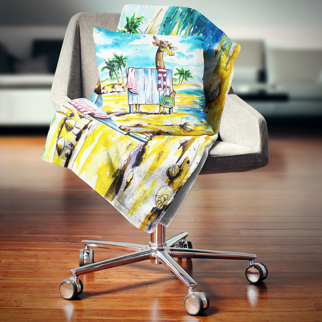 Giraffe in Dressing Room on Beach Cartoon Animal Pillow Design Art