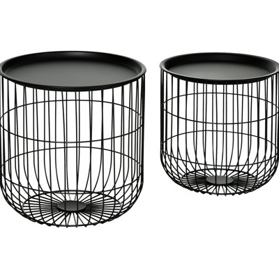 2 Coffee Tables, Round With Steel Wired Basket Build, Removable Tops, Living Room Storage, Black, Space Saving & Practical Cranny, Stacking End Tables For Magnetism, Black