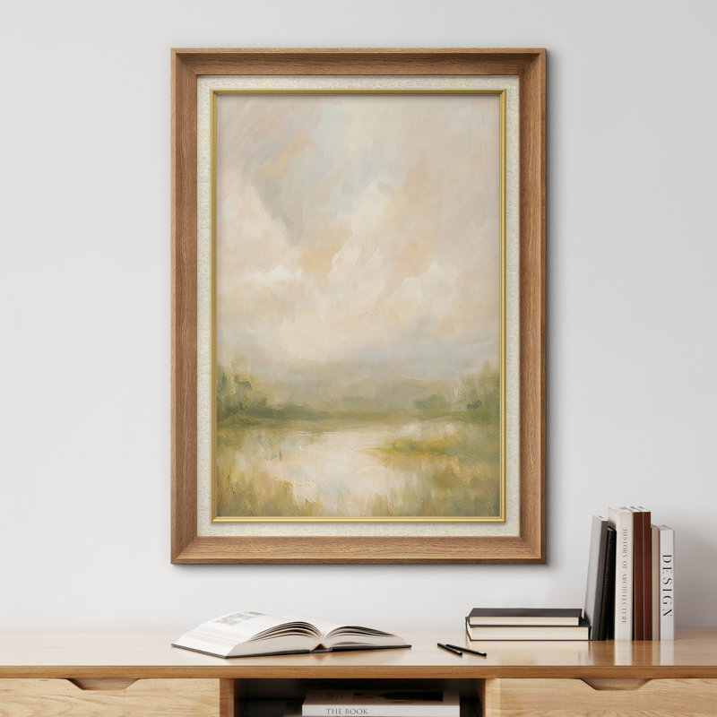 «Soft Sky Landscape with Gentle Light», reproduction d'art encadrée sur papier, Cadre naturel de qualité supérieure