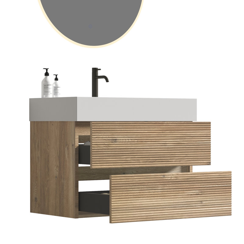 Wall - Mounted Floating Bathroom Vanity, Oak Aesthetic Appeal, Silent Drawer Performance Package, E1 Panels, One Piece Basin Design Plan Visual Impact, Function , Structure