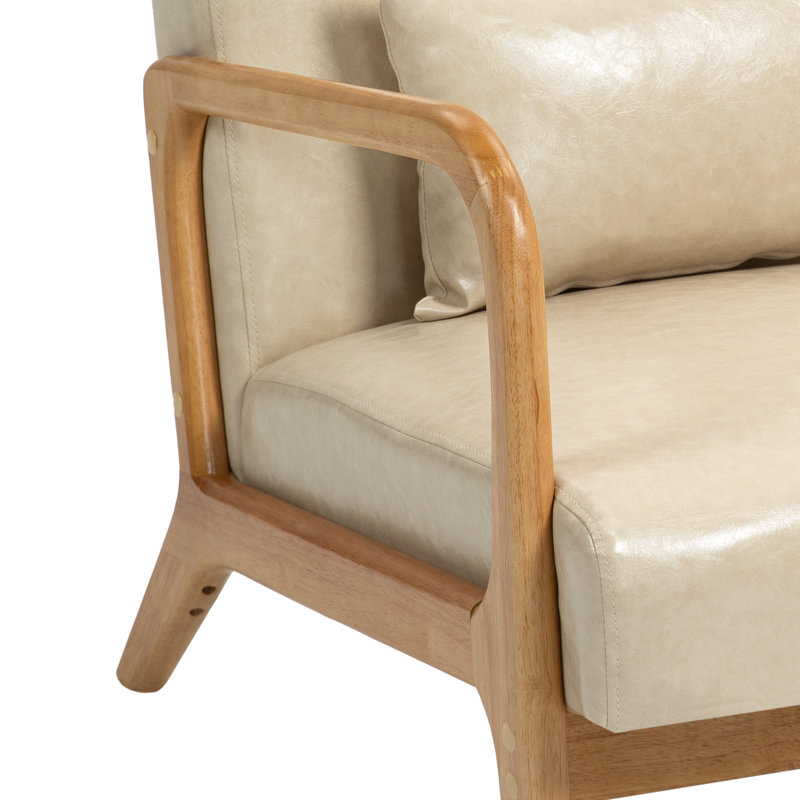Fauteuil de 25,78 po de large Jyrin, Similicuir crème, Bois d'hévéa
