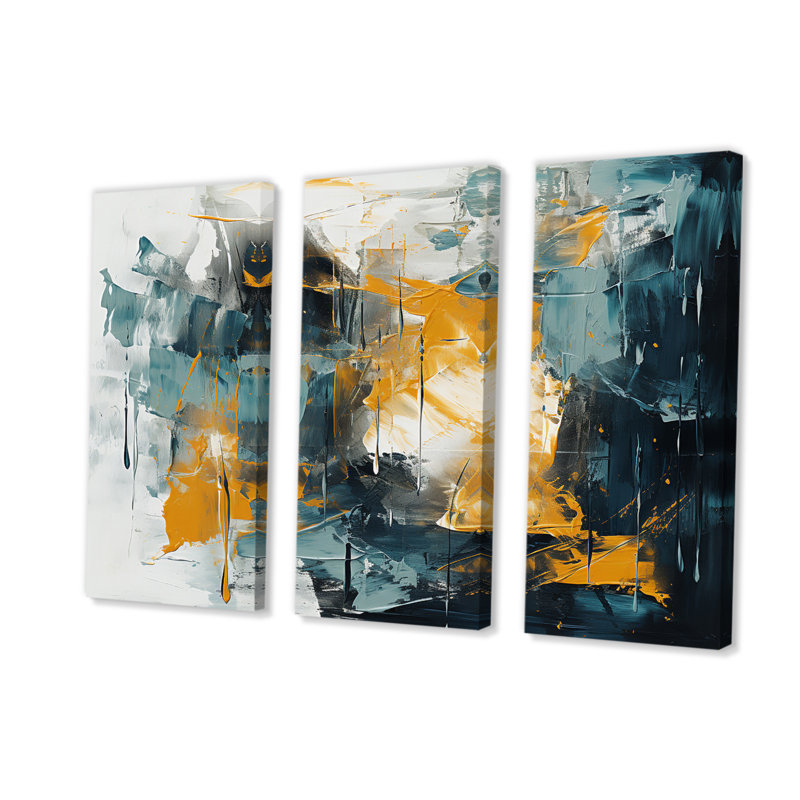 "Bliss Of Happiness" en jaune et bleu III sur toile, 3 pièces, H 28 po x l 36 po x P 1 po