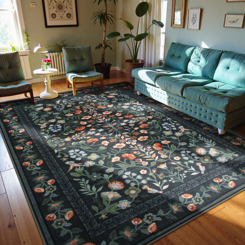  Floral Washable Rugs Non-Slip Ultra-Thin Soft Area Rug Vintage Botanical Print Carpet, Rectangle 9' x 12'