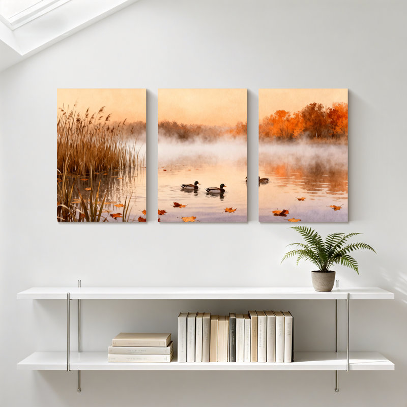 Paysage et nature, automne, lac, canards, roseaux, brume, arbres, feuilles, ensemble de 3 impressions sur toile