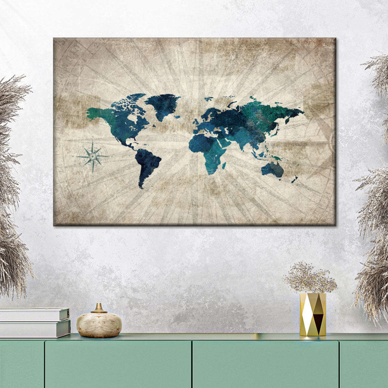 " Aged World Map I " by Tess P, 34" H x 51" W x 1.25" D