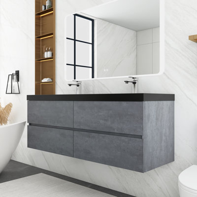 60 po X P 20 po P x 22 po Meuble-lavabo flottant double H gris en ciment avec comptoir en quartz noir mat