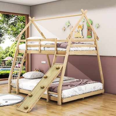 Lit superposé simple en bois avec rampe d'escalade et filets d'escalade Chaudhry