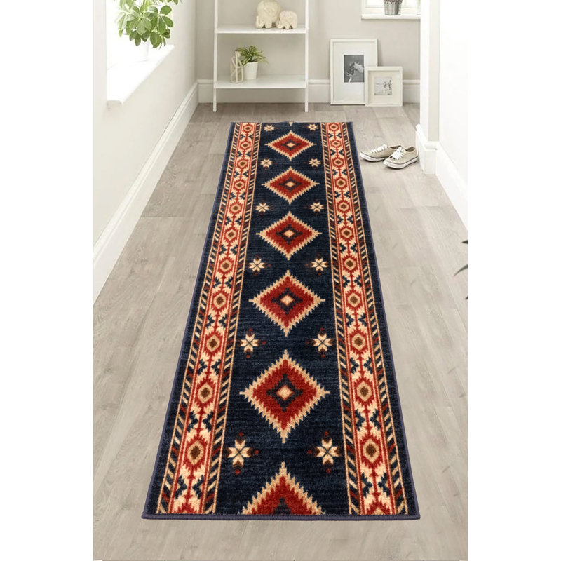 Custom Size Canvas Backing Premium Hotel Quality Southwestern Tribal Navy and Beige Runner Rug, Runner 3' x 9'