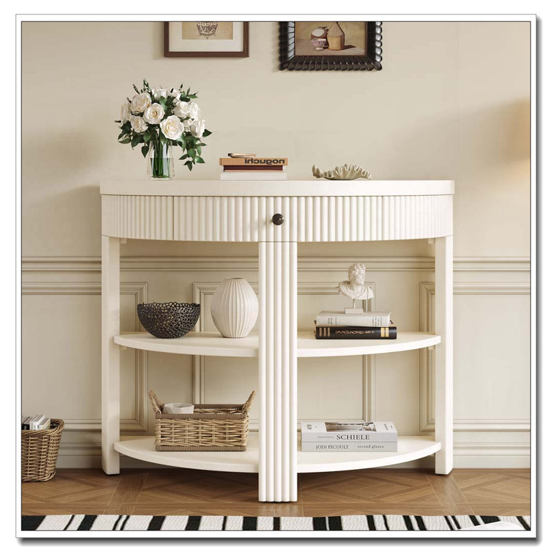 Console cannelée demi-lune avec tiroir et tablettes, Crème