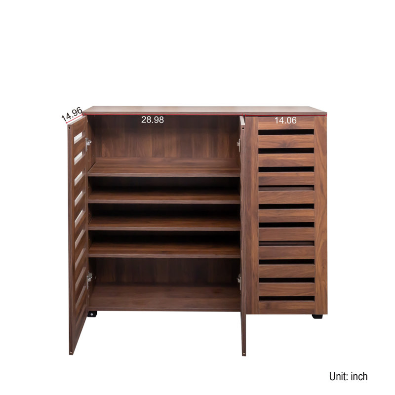 Armoire à chaussures à 5 niveaux en noyer avec tablettes réglables - Range-chaussures en bois avec portes à persiennes pour entrée, couloir, chambre à coucher