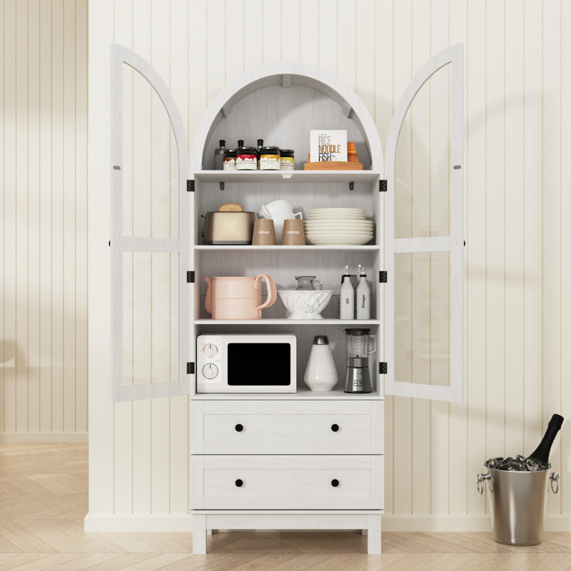Garde-manger arqué de 71 po de hauteur, armoire de rangement Kitchens Pantry avec 2 grands tiroirs et tablettes réglables, armoire de style campagne moderne polyvalente pour la cuisine, la salle à manger, la salle de bain, blanc