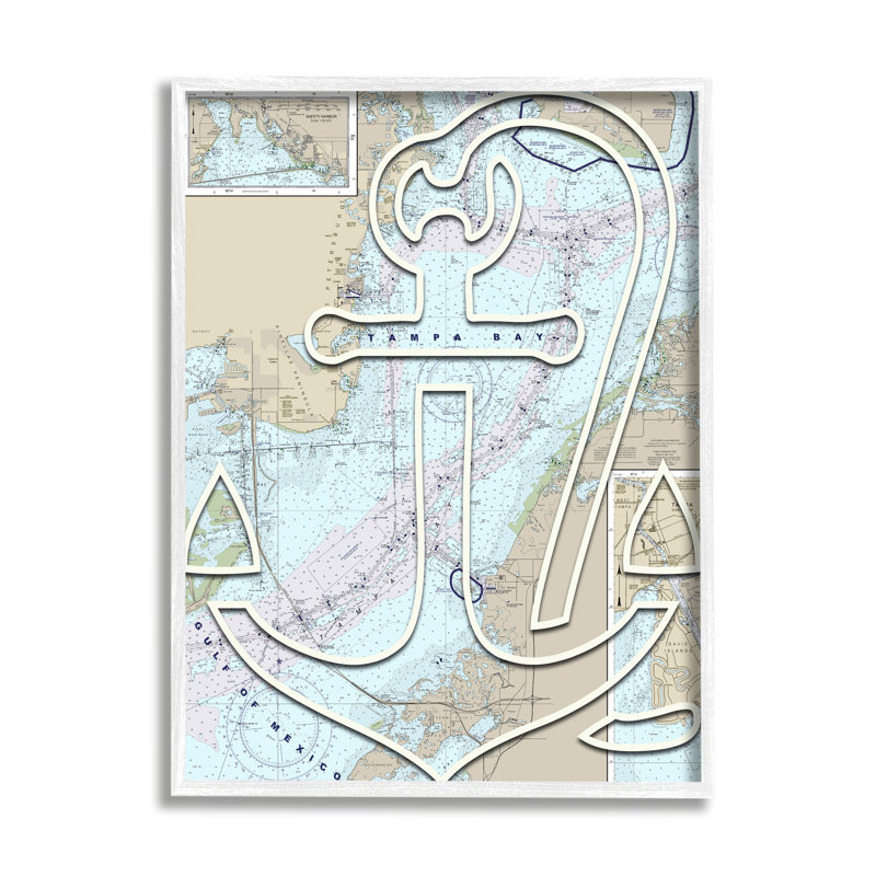 Carte détaillée de Tampa Bay, Floride, ancre par Lil 'Rue - impression, H 14 po x l 11 po, Giclée encadrée blanc bord de mer