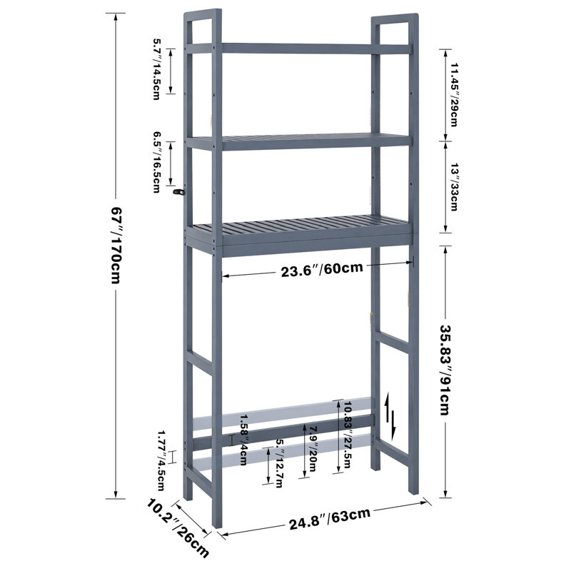 Bamboo 3-Tier Over The Toilet Organizer Rack Adjustable Shelves Grey, Gray