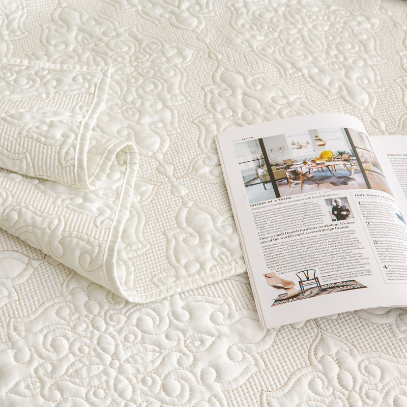 Luxurious Queen Cream Satin Reversible Quilt Set with Embroidery