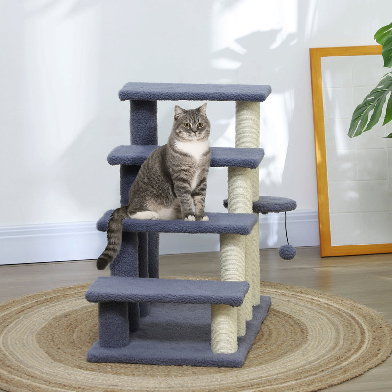 Escalier pour chat 4 niveaux Pawhut, escalier pour animaux avec échelle tapissée, grimpeur pour arbre à chat avec poteaux à griffer, balle de jeu suspendue, marche latérale, pour lit haut, canapé, gris