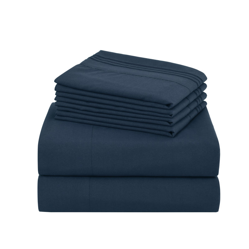 4/6 Pcs Soft Solid & Embroidery Bed Sheets Set, Navy, Twin