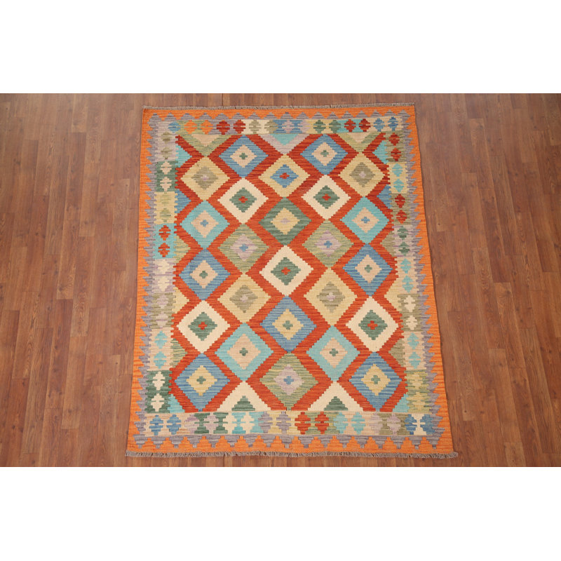 Geometric Kilim Reversible Wool Area Rug 5x6