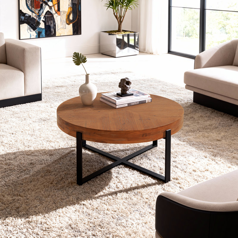 Modern Retro Splicing Round Coffee Table,Fir Wood Table Top With Gold Cross Legs Base, 17.72" H x 33.86" L x 33.86" W, Black