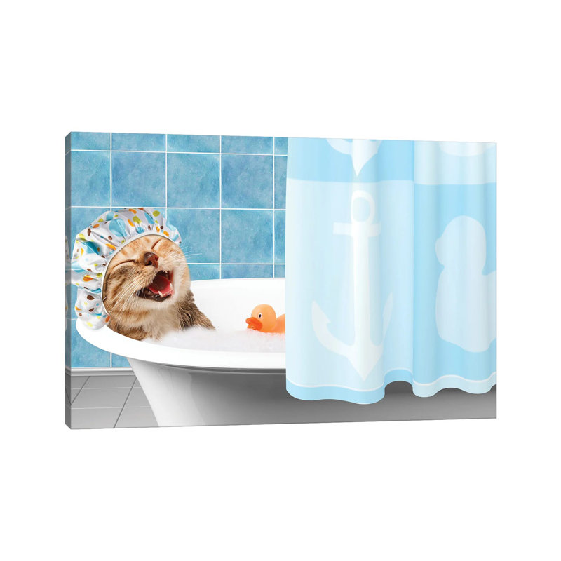 Funny Cat Is Taking A Bath With Toy Duck - Print on Canvas, Wrapped Canvas, 66.04cm H x 101.6cm W x 1.91cm D